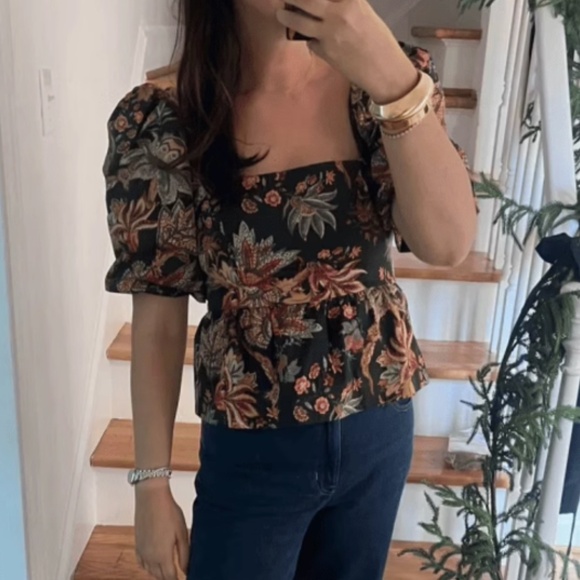 NEW Cara Cara Alexis Top Blouse Jacobean Black Floral Cotton Puff Sleeve